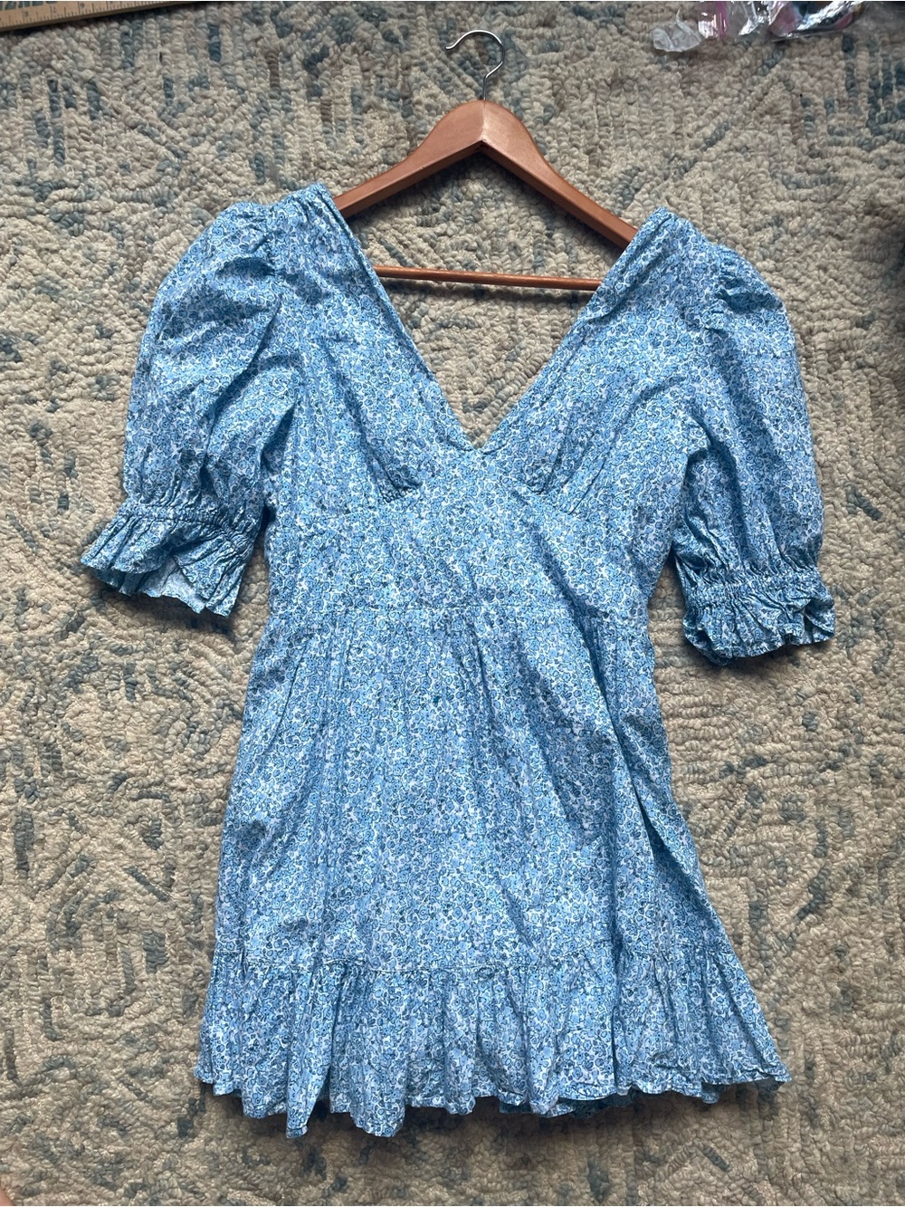 Rahi womens blue floral v neck tie back puff sleeve mini dress Size large Cotton